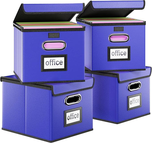 Decorative Leather File Organizer Storage Boxes with Lids Set of 4, Document Boxes Organizer, Filing Boxes, Decorative Small File Boxes for Hanging Files, File Cabinet for Office/Home - 4 Pack