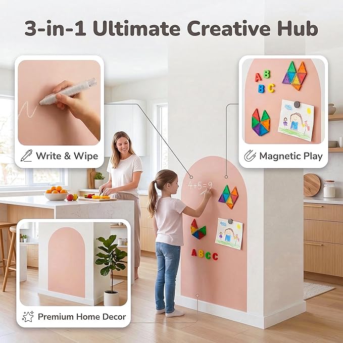 Magnetic Arch Wall Decal: Large 39.4"x23.6" Peel and Stick Chalkboard for Wall - Screen-Free Playroom Decor & Bedroom Learning Nook for Toddlers 1-4 & Kids 5-10 (Flesh Pink)