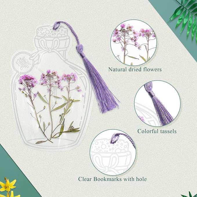 TaoBary 161 Pcs DIY Transparent Dried Flower Bookmark Set Include Clear Bookmarks Dried Flowers Colorful Tassels and Tweezer Handmade Dried Floral Bookmark for Reader Book Bottle(Fresh)