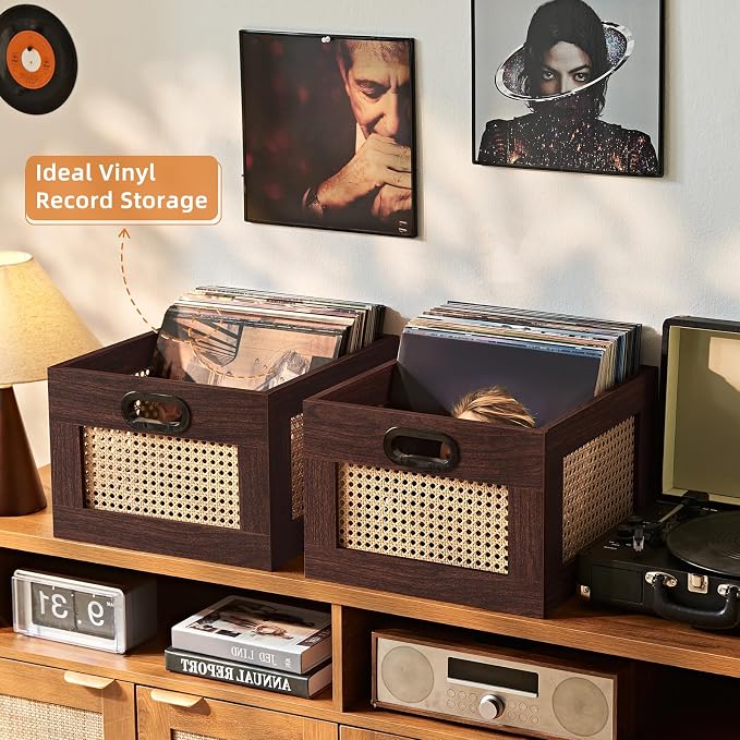 LELELINKY Vinyl Record Storage Crate, Rattan Vinyl Record Holder with Handle, Wood Record Crate for Vinyls Holder up to 75 LP's, Desktop Cube Album Storage for Vinyls Records(Walnut)