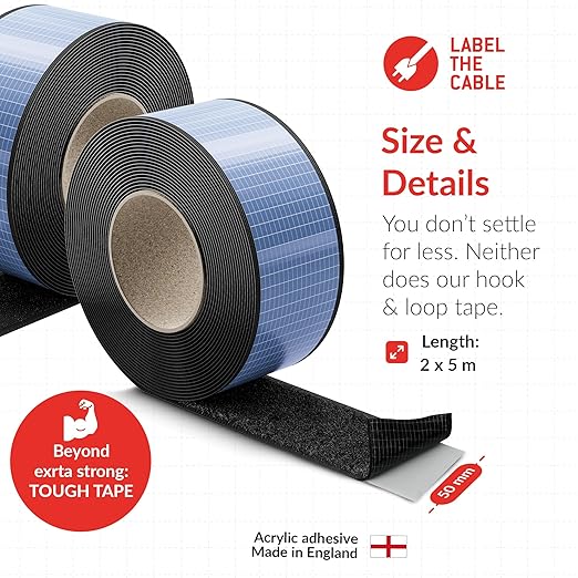Tough Tape Strap – Self-Adhesive Hook and Loop Tape, Extra Strong 5m x 50mm 2-Pack – Hook and Loop Fastener roll with Permanent Adhesive (-40°C to 100°C) – Fastener Tape for Heavy Duty DIY (Black)