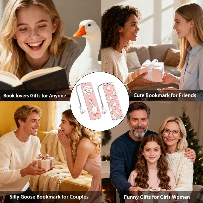 Pink Stuff Cute Bookmarks for Women Girls Book Lovers Book Marks for Reading Women Funny Book Lovers Gifts, Reading Accessories Gag Bookish Gifts for Readers Women Silly Metal Bookmarks Goose 2-Side