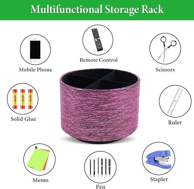 Round Leather Art Supply Organizer,Remote Control Holder,360-degree Rotating Pen Organizer with 4 Compartments(1-Light Tree Pink)