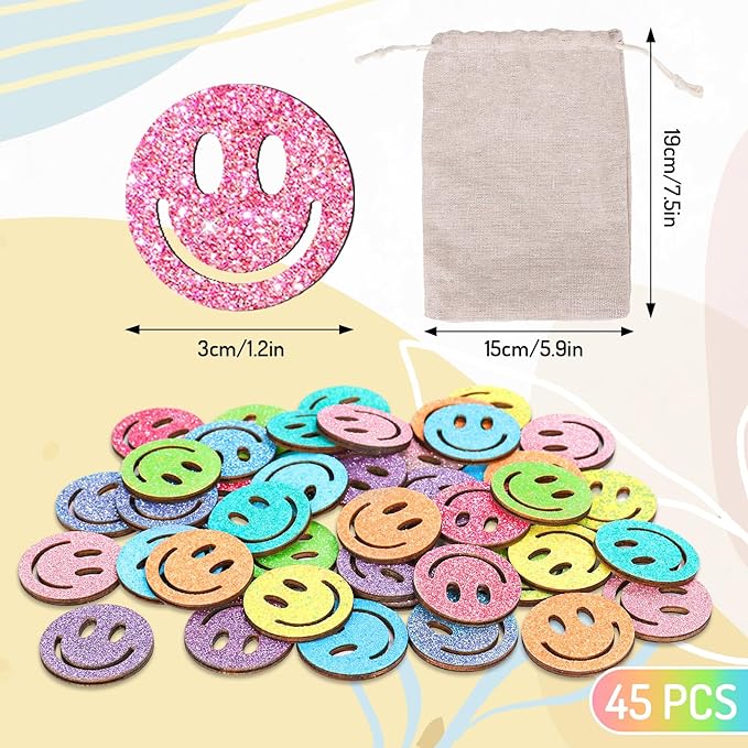 FYSUIMU 45 Pcs Glitter Smile Extra Tokens for Reward Jar Colorful Happy Face Wooden Cutouts Tokens with Linen Pocket for Back to School Classroom Student Teacher