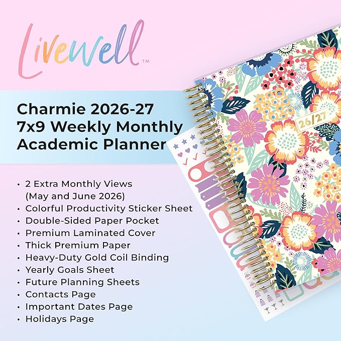 Blue Sky Livewell 2026-2027 Weekly and Monthly Academic Year Planner Calendar, July 2026 - June 2027, 7" x 9", Flexible Cover, Wirebound, Colorful Interior, Laminated Tabs, Storage Pocket, Includes Stickers, Charmie