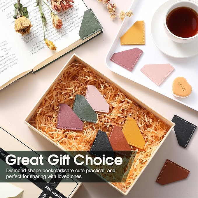 AmazingSpark 36 Pcs Leather Corner Bookmarks Diamond Shape Handmade Reading Gifts for Women Book Lovers Teachers Students School Office Home Supplies, 6 Colors