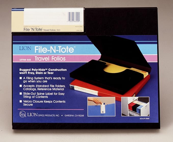 Lion File-N-Tote Travel Folio, Letter, 12" x 9.7" x 1" (Capacity 3/4"), Black, 1 ea. (860-BK)