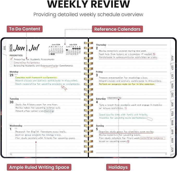 Planner 2026–2027, Academic Planner Weekly and Monthly Calendar Jul 2026 – Jun 2027 Hardcover Planner with Tabs and Pocket, Spiral Bound Agenda Book for Student & Teacher, 6.3" x 8.5", Radiant Bastille