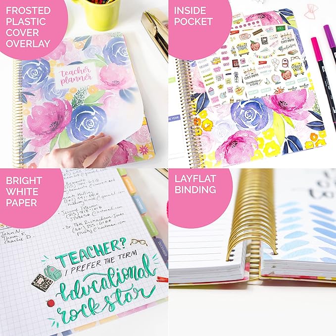 bloom daily planners Undated Academic Year Teacher Planner & Calendar - 7 Period Lesson Plan Organizer Book with Frosted Cover (9" x 11") (Watercolor Floral)