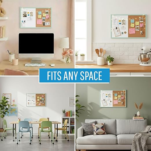 MasterVision Pastel Combo Bulletin and Dry Erase Board, 24" x 18", Green Frame, Decorative Magnetic Whiteboard and Cork Board, Wall Décor for Home, Office, Dorm, or Classroom
