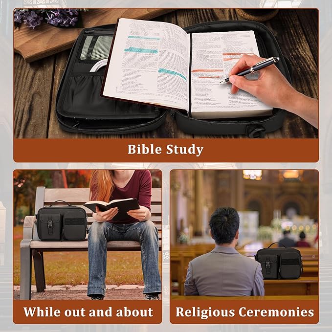 Damero Bible Cover for Men, Bible Carrying Case Church Bag with Multiple Pockets, Bible Case with Top Handle and Shoulder Strap, Black