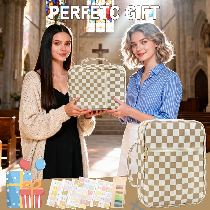 Zkptops Bible Cover Case for Women Girls Large Bible Bag Cotton Quilted Checkered Bible Carrying Case with Zipper Pocket and Handle Carrying Book Cover for Christian Study Supplies Christian Gift