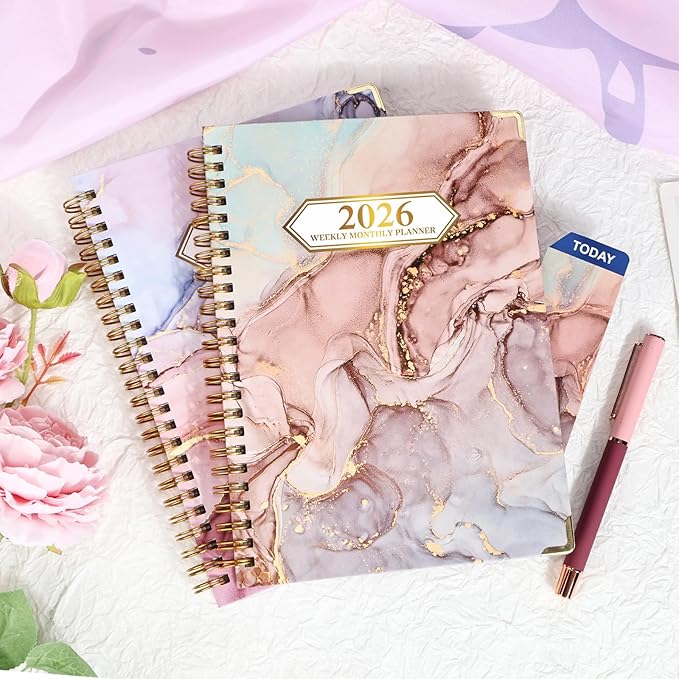 2026 Planner, Jan.2026 - Dec.2026 Weekly Monthly Planner 6.25"x8.5" with Page Tabs, Calendar Hardcover with Inner Pocket, Elastic Band,Twin-Wire Binding,Bookmark, Salmon Pink Marble