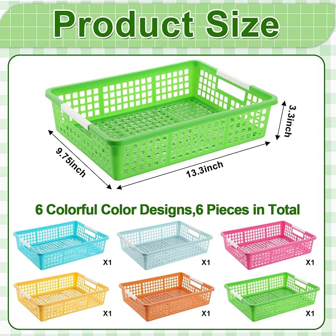 6 PCS Plastic Classroom Turn in Paper Trays Storage Bin Basket Organizers Holds 4A Paper File for School Teacher Supplies Classroom Office Home Organization and Storage Tray (Bright)