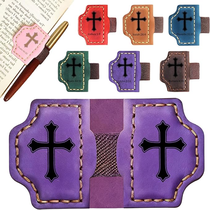 Personalized Leather Bookmark with Pen Holder - Magnetic Bible Verse Design, Christian Book Lovers Reading Accessory, for Book Lovers Men Women (Purple, Cross)