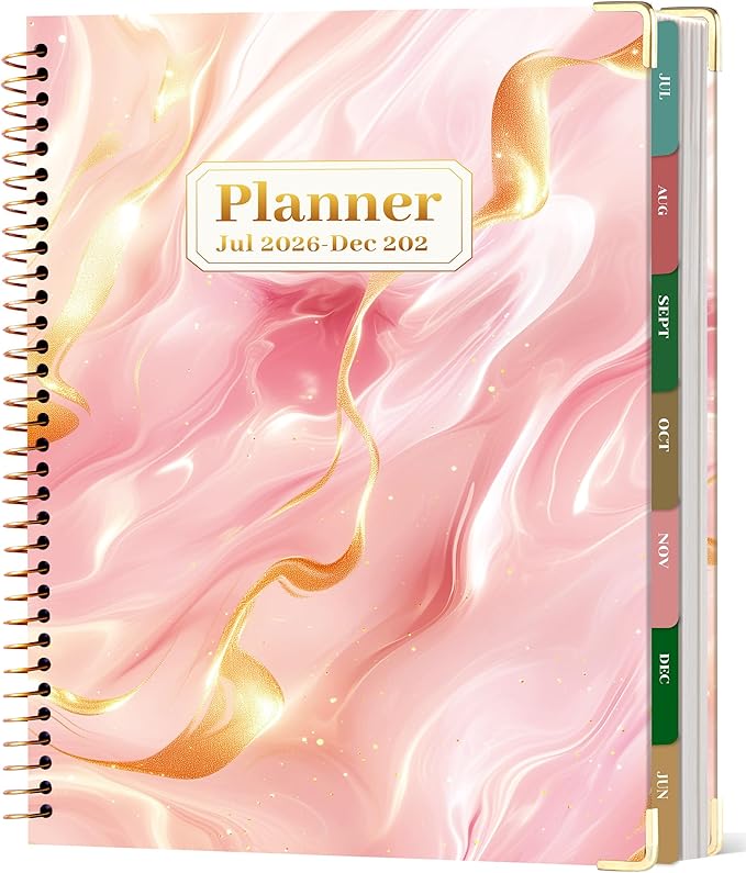 CAGIE Planner 2026-2027, 18 Month Weekly and Monthly Planner, Marble Design Calendar with Tabs, Jul 2026–Dec 2027, Large 8.5" x 11" A4 Hardcover Spiral Agenda Planner for Home, Work, School and Teacher (Pink）