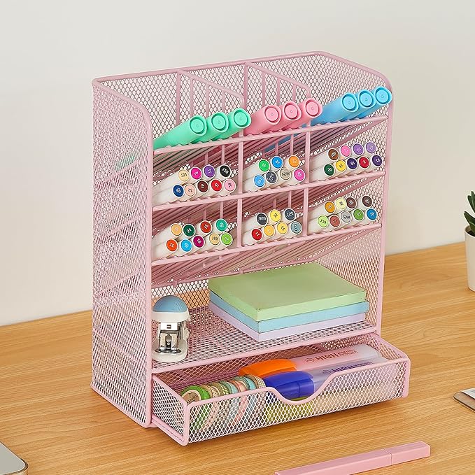 Spacrea Pen Holder Desk Organizer - Desk Organizers and Accessories, Pencil Holder with 10 Compartments and 1 Drawer（Pink）