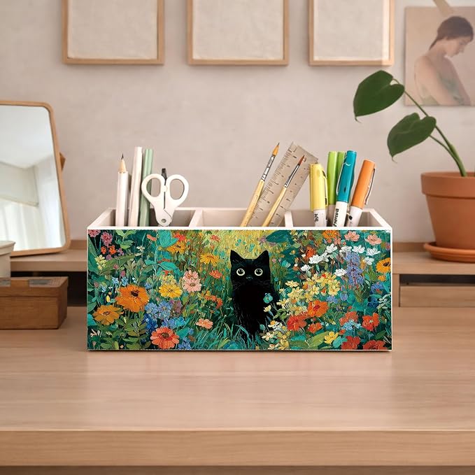 Black Cat Desk Organizer Wooden Pen Pencil Holder for Desk, 3 Compartments Office Desk Accessories, Floral Cat Desk Decor, Cute Cat Lover Gifts for Women Home Office Storage