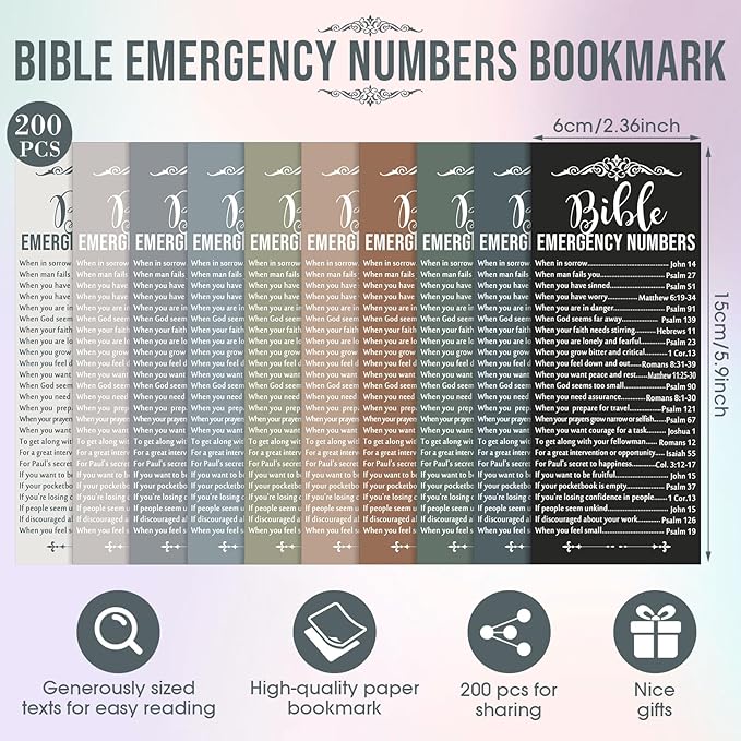 Motiskyy 200 Set Christian Bible Verse Gifts Bulk Emergency Numbers Bookmarks Religious Scripture Church Welcome Card for Sunday School Coworker Staff Boss Appreciation Gift(Classic Color)