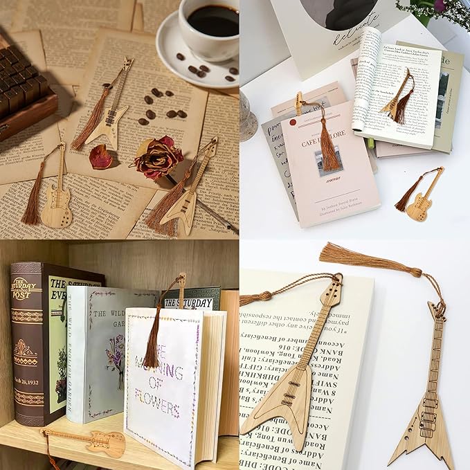yueton 6PCS Creative Vintage Style Bookmarks Guitar Bass Musical Instruments Bamboo Bookmark with Beautiful Tassels for Office, School, Home, Library and Bookstore Use - with a Gift Box
