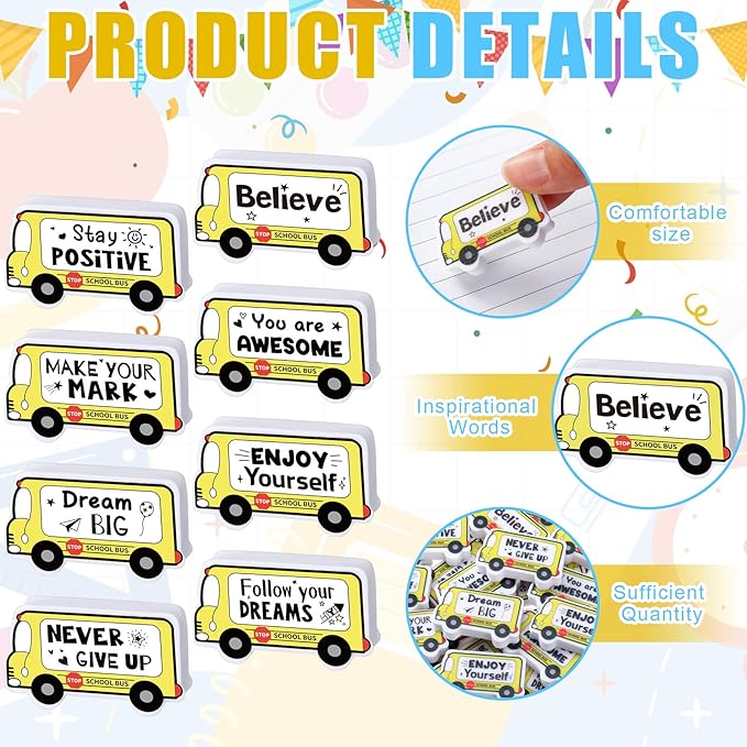 50 Pcs Erasers Bulk Inspirational Bus Erasers Cute Mini Motivational Gifts for Prizes Homework Rewards Supplies Office Supplies