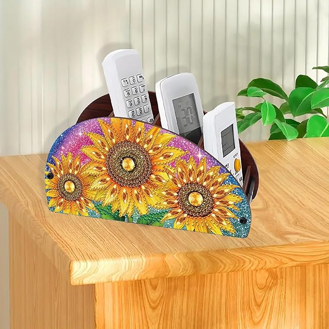 Remote Control Holder with 4 Compartments, DIY Diamond Art Painting Wooden Half Moon TV Control Holder for Remote Controllers, Office Supplies, Makeup Brush, Media Accessories-Sunflowers