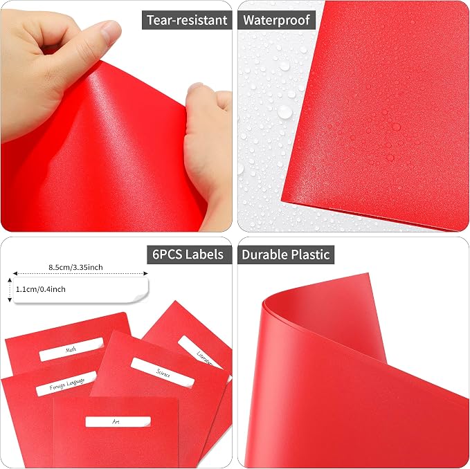 6 Pack Folders with Pockets Red, 2 Pocket Plastic Folder with Pockets for School File Folder for Documents Letter Size with Business Card Slot Back to School Office Teacher Supplies