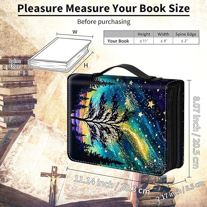 Bible Cover for Men Women,Large Leather Bible Case Fit Book Up to 11x8x2 Inch,Stars Tree Bible Covers Bible Study Carrier Church Bags w/Handle & Zipper