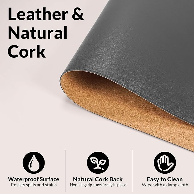 AFIING Cork Desk Mat, Dark Grey, 35.4" x 17",Desk pad Protector | Dual-Sided Cork & PU Leather, Large Mouse Pad, Non-Slip & Waterproof