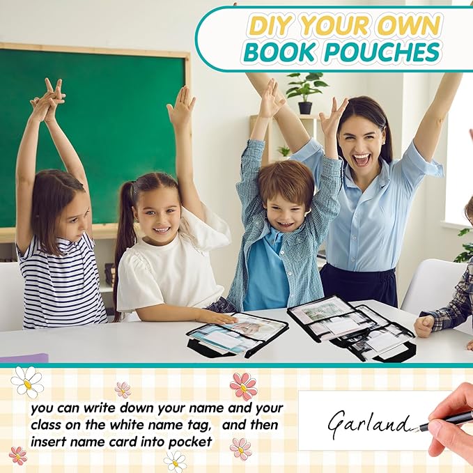 Teling 6 Pack Thick Clear Book Pouches with Blank Name Tags and Handles Book Baggies Bags Bins Organizer for School Classroom Library Pockets Students (10 x 12 Inch,Black)