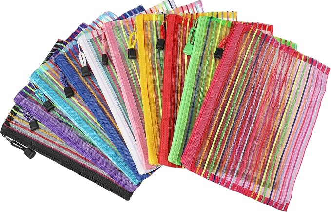 MECCANIXITY Mesh Zipper Pouches, A5 Pencil Case Document File Bags Storage Organizer for Office Supply Travel Accessory, Multicolor Pack of 10