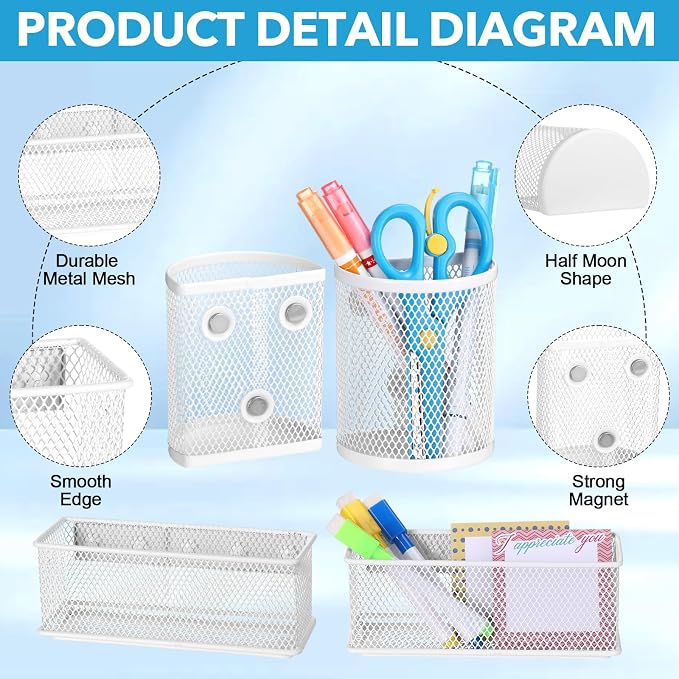 Weysat Set of 5 Magnetic Locker Accessories Mirror with 2 Magnetic Pen Holder and 2 Wire Mesh Storage Basket for Students Back to School Locker Organizer for School Office(White)
