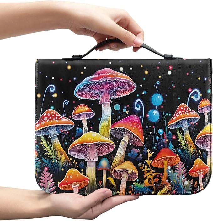Colorful Mushrooms Bible Cover with Durable Handle，Bible Case for Women Girls，Bibl e Carrying Case Bibles Journaling Supplies for Bible Cover-Size 2XL