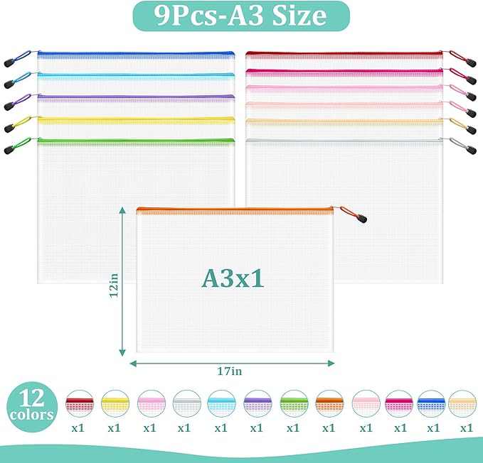 12pcs Mesh Zipper Pouch Bags, A3 12x17 Inches, 12 Colors Zipper Pouches for Organizing, Board Game Storage, Travel, School Office