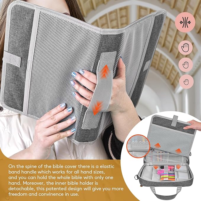 Grey Bible Cover Case with Gift Box - Crossbody Bag for Large Print Bibles, Complete Study Kit & Accessories