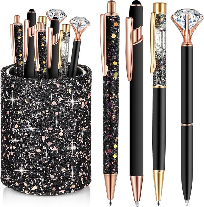Sabary 8 Pcs Black Pens with Pen Holder for Desk Glitter Crystal Diamond Cute Ballpoint Fancy Pencil Holder Bling Desk Organizer for Women Girls School Office Supplies Wedding Graduation Gifts