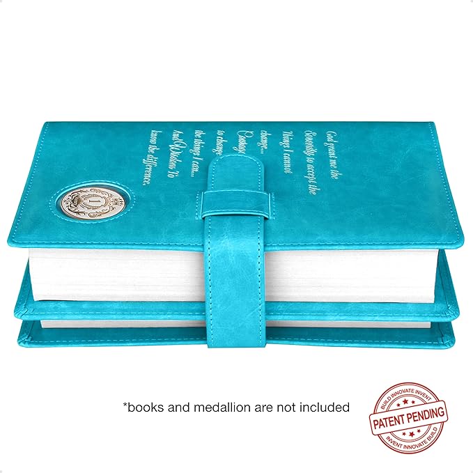 GALILEO® Double AA Big Book Cover & 12 Steps & 12 Traditions | AA Gift | Alcoholics Anonymous | PU Leather | Coin Holder | AA Book Covers for Hardcover (Serenity Prayer/Coin Pocket/Ocean Turquoise)