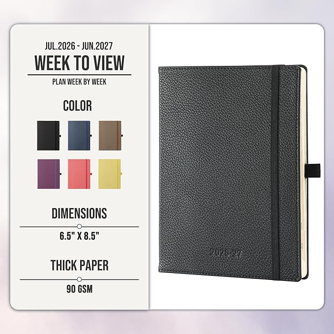 Weekly Planner 2026-2027 A5 (6.5" x 8.5") 12 Months (Jul'26 - Jun'27) Weekly & Monthly Planner with Month Tabs & Inner Pocket, Expenses/Note Pages, PU Leather Black