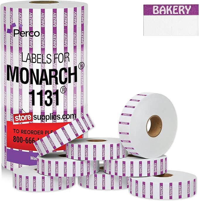 Monarch 1131 Purple Reverse Print on White Bakery Labels — 8 Rolls, 1 Sleeve, 20,000 Labels for Monarch 1131 Price & Date Guns—with Tamper-Proof Design for Marking Breads, Pastries, Cakes—Made in USA