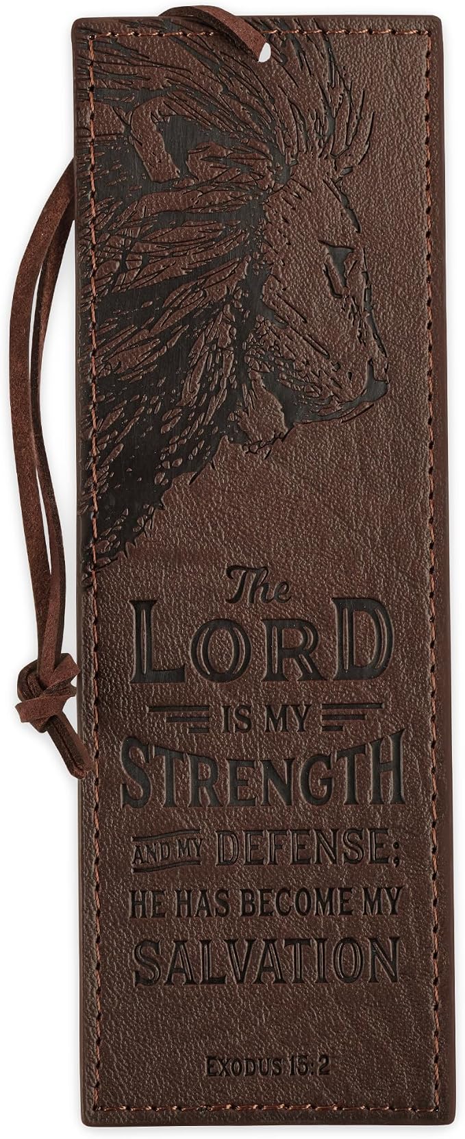 Christian Art Gifts Premium Vegan Faux Leather Scripture Bookmark for Men: The Lord Is My Strength - Exodus 15:2 Inspirational Bible Verse Heat-Debossed, Faith-Based Reading Accessory with Cord, Brown