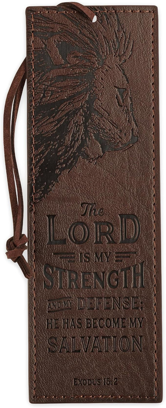 Christian Art Gifts Premium Vegan Faux Leather Scripture Bookmark for Men: The Lord Is My Strength - Exodus 15:2 Inspirational Bible Verse Heat-Debossed, Faith-Based Reading Accessory with Cord, Brown
