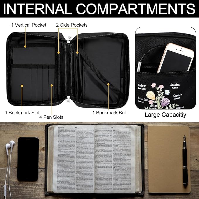 Aliceset 2 Pcs Bible Cover Case for Women Floral Carrying Book Case Church Bag Portable Protective with Handle and Zippered Pocket Bible Study Accessories Supplies for Women Men Christian Gifts