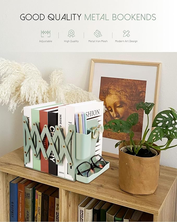 Heavy Duty Bookends Adjustable Book End, Desk Book Holder for Shelves, Book Organizer for Desk, Suitable for Office Home School (19.69 inches Max) (Green)