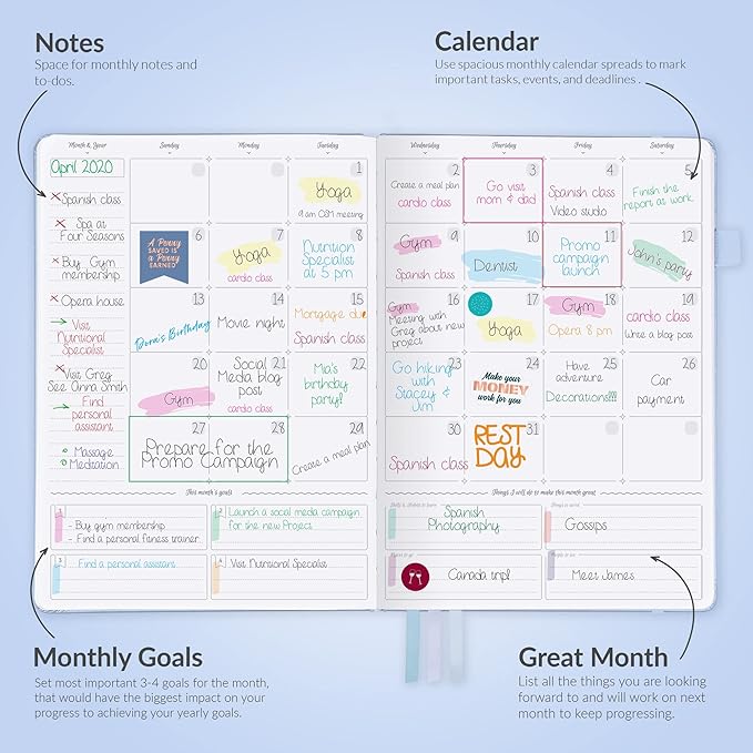 GoGirl Planner PRO - Undated Horizontal Layout Weekly Planner and Organizer + Budgeting and Expense Tracking Pages, Goals Journal & Agenda, 7" x 10" Hardcover, Lasts 1 Year - Periwinkle
