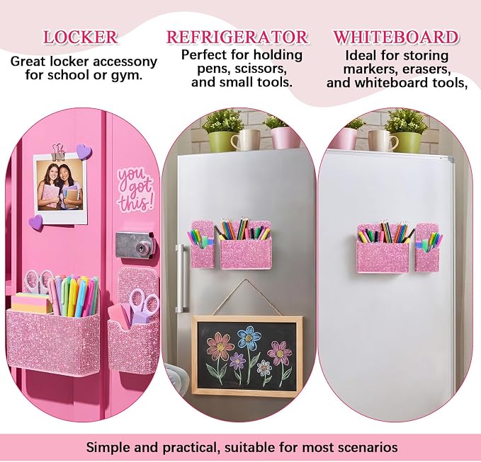 MotiMind 2 Pcs Pink Bling Magnetic Marker Holder Women Girl Locker Accessories Marker Pen Pencil Holder for Refrigerator Whiteboard Sparkly Gift Desk Organizer for School Office (Rhinestone)