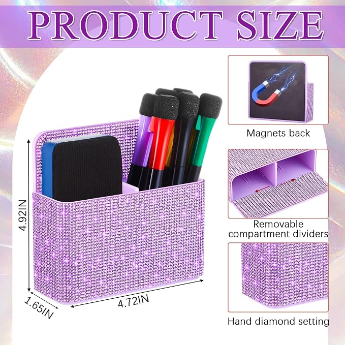 MotiMind Glitter Purple Locker Accessories for Girls, Bling Magnetic Pen Holder for Refrigerator, Back to School Rhinestone Marker Holder for Locker, Sparkly Gift for Student (Medium,Rhinestone)