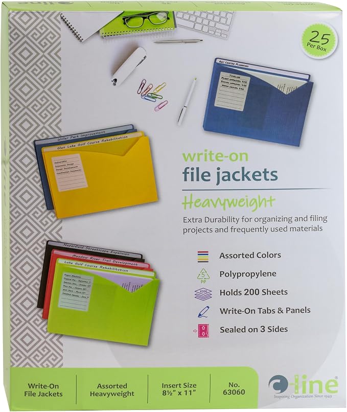 C-Line Write-On Poly File Jackets, Straight Tab, Letter Size, Assorted Colors, Pack of 25
