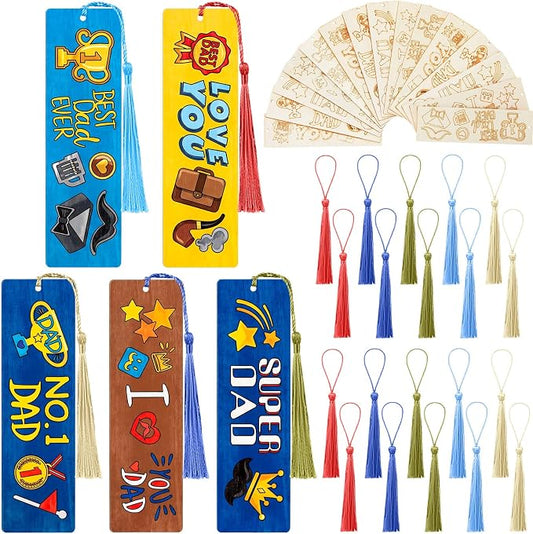 AmazingSpark 100 Pcs Father's Day Wood Bookmarks Bulk DIY Crafts Kit, 50 Set Blank Coloring Bookmarks with Tassel for Dad Grandpa Father's Day Gifts Classroom Activity Party Favor