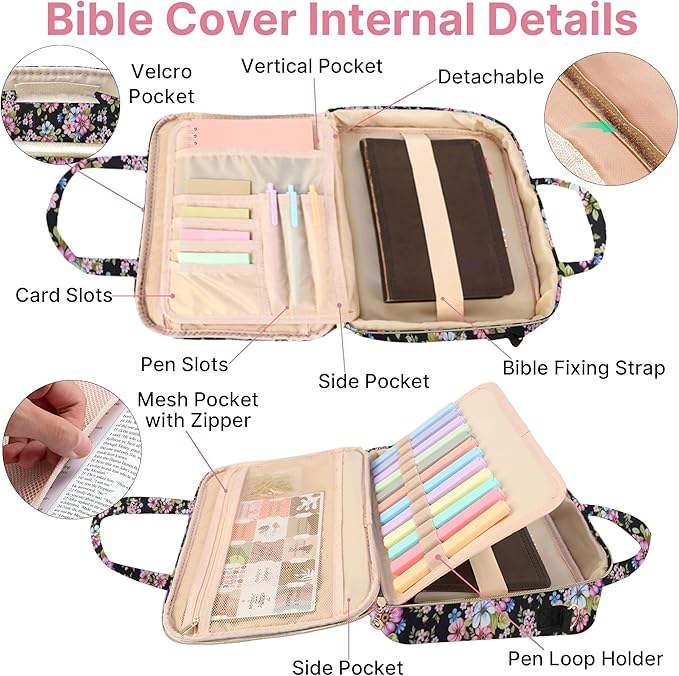 PUGPIU Bible Cover Case for Women, Large Quilted Bible Bag with Shoulder Strap and Handle, Bible Study Supplies Journaling Kit with Highlighters Pens No Bleed Tabs Notebook Cross Clips (Floral)