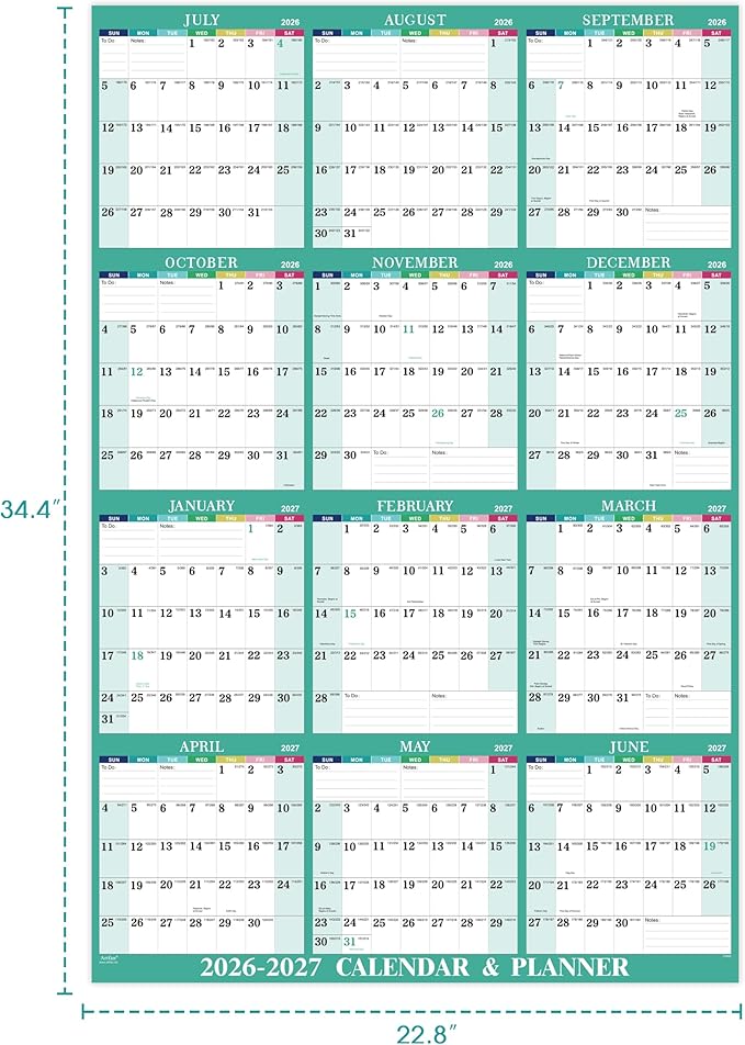Yearly Wall Calendar 2026-2027 - 2026-2027 Calendar, July 2026 - June 2027, 34.8" x 22.8" (Open), Yearly Wall Calendar 26-27, 26-27 Calendars Vertical, One Page for Organizing - Colorful Lump